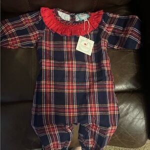 NWT Smocked Plaid Baby Romper with Red Ruffle